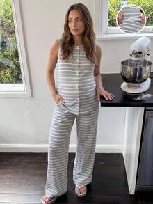 SHEIN 2pcs Maternity Casual Striped Button Front Tank Top And Pants Set, Summer - Grey - View 5