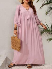 SHEIN CURVE+ Plus Size Solid Long Sleeve Casual Dress, Simple & Fashionable For Everyday Wear,Beach Dress Sundress,Holiday Outfits Boho - Pink - View 6