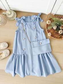 SHEIN LMoss Kids 女童編織純色圓領無袖修身洋裝 - 淺藍色 - 查看 5