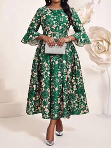 Fleurora Đầm dự tiệc thanh lịch cổ tròn tay xòe in họa tiết toàn thân dành cho nữ cỡ lớn - Nhiều màu - Xem 4