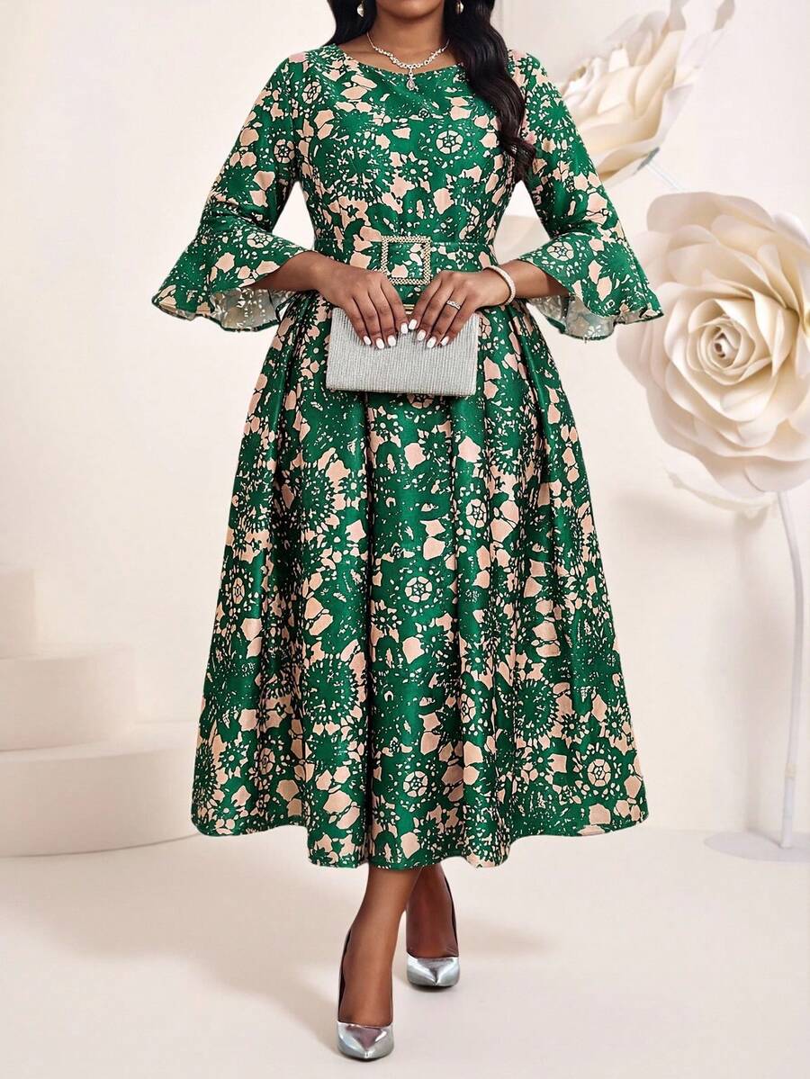Fleurora 大码女式印花圆领喇叭袖优雅派对连衣裙