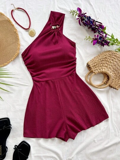 Soleia Plus Size Women Wine Red Beaded Accent Sleeveless Jumpsuit,Summer Outfits For Women,Spring Outfit,Beach Outfits For Women ,Graduation,Vacation Outfits Women.