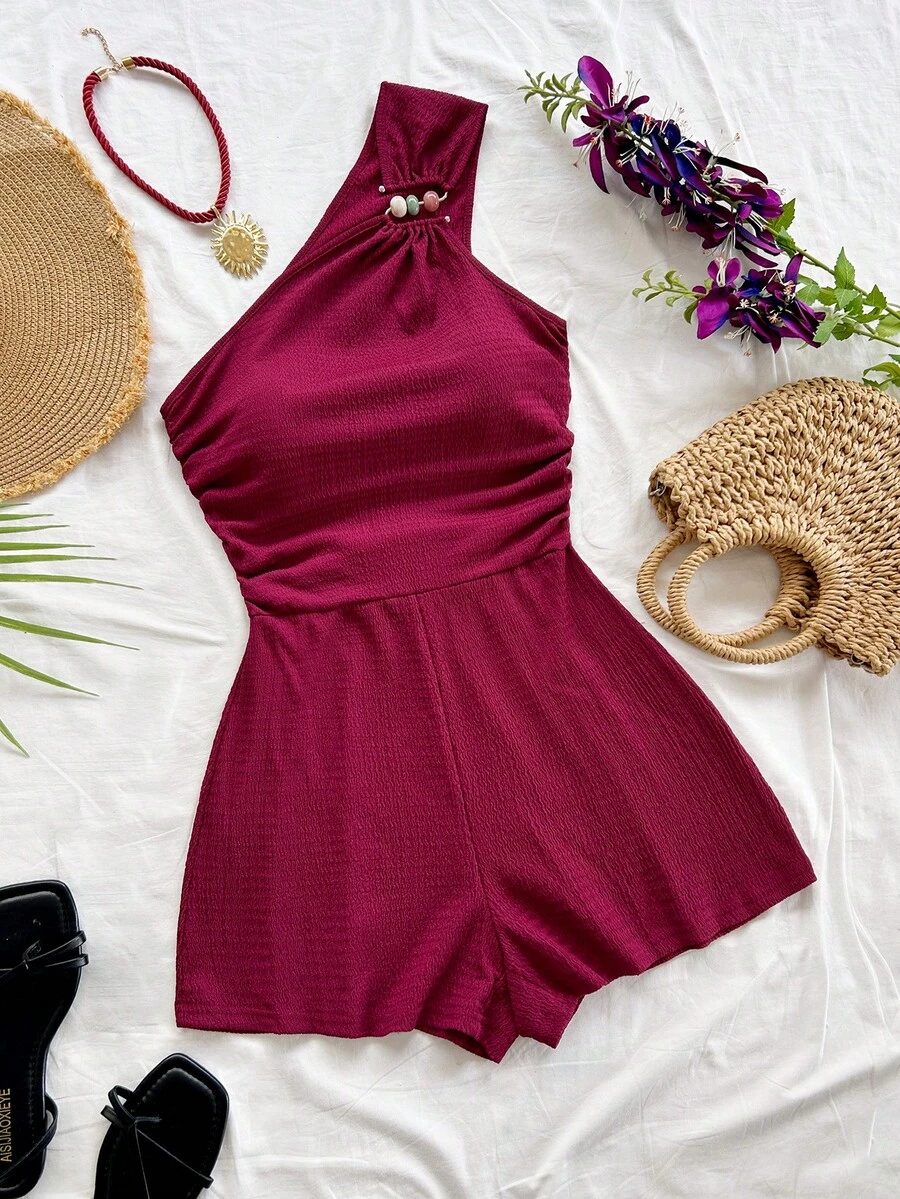 Soleia Plus Size Women Wine Red Beaded Accent Sleeveless Jumpsuit,Summer Outfits For Women,Spring Outfit,Beach Outfits For Women ,Graduation,Vacation Outfits Women.