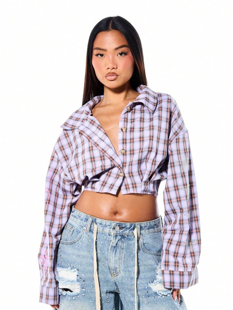 SUMWON WOMEN Oversized Cropped Check Plaid Shirt With Rhinestone Star Details And Long Sleeves For Fall Winter Casual Wear
