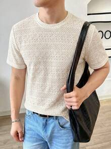 Manfinity Unisex Men's Casual Loose Fit Short Sleeve T-Shirt, White Jacquard Fabric, Summer - Apricot - View 7