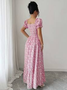 Elenzga 新款女士数码印花泡泡袖系带露背收腰连衣裙，优雅迷人，适合度假、约会等场合，尽显精致气质。 - 粉色 - 查看 2