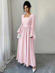 SHEIN Elenzya 女士粉色新款方领珍珠装饰A字腰部喇叭袖甜美浪漫优雅约会派对正式长裙 - 粉色 - 查看 3