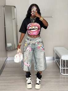 Coolane 女士夏季街头风嘻哈图案宽松T恤 - 黑色 - 查看 2