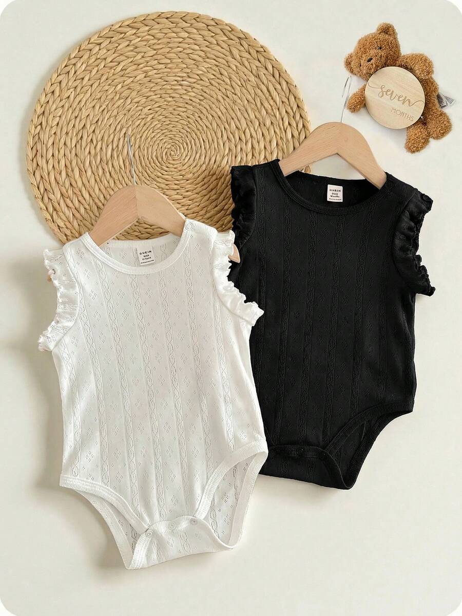 2pcs Newborn Baby Girl Summer Cute Solid Color Ruffle Trim Romper Set - Multicolor - View 1