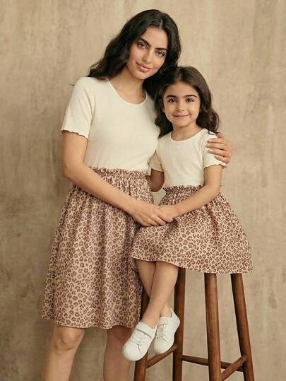 SHEIN 针织撞色网眼豹纹女童（幼儿）连衣裙