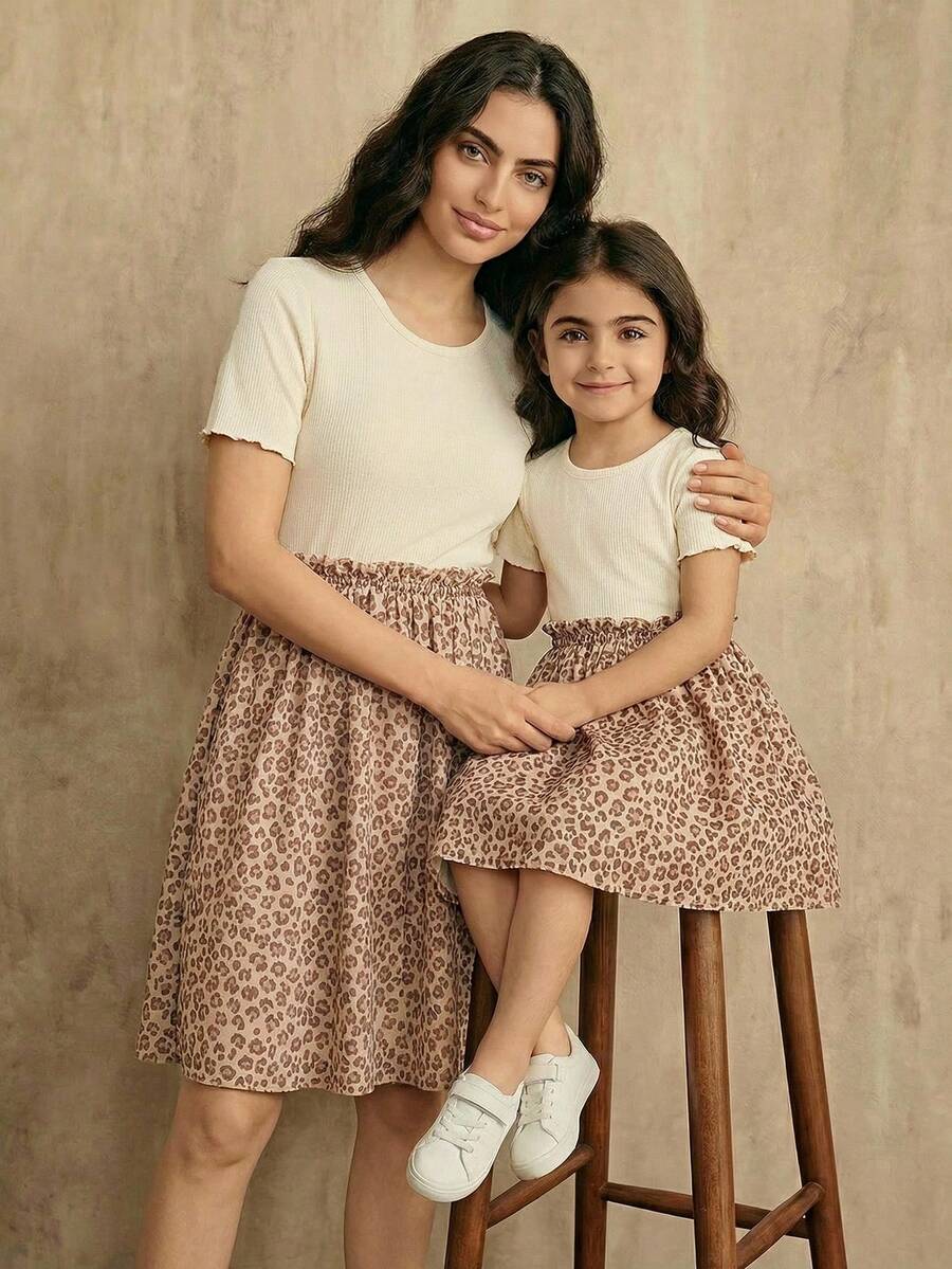 SHEIN Knit Contrast Mesh Leopard Print Girls (Toddler) Dress - Apricot - View 1