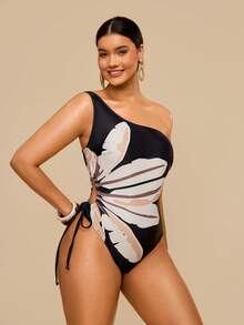 Travachic 大码女士印花连体泳衣，时尚海滩度假之选 - 黑色 - 查看 5