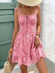 Serisse Women's Pink Floral Embroidered Tie Front Spaghetti Strap Mini Dress,Summer Boho Seductive Night Out Holiday Sundress,Twist Ruched Sequin Party Dress - Pink - View 5