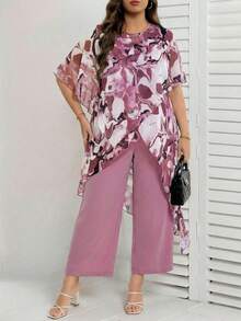 Reflora 大码夏季优雅扎染印花不对称下摆上衣和裤子两件套 - 彩色 - 查看 9