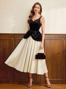 Vintamour Women's Elegant Velvet & Satin Patchwork White And Black Long Dress,Vintage Autumn Formal Party Dresses For Wedding Guest,Graduation & Mother's Day - Black and White - View 8