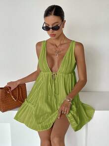 Siren Gaze 女式深V领无袖纯色系带性感迷你连衣裙 - 綠色 - 查看 6