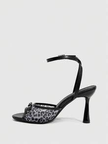 CUCCOO SZL Women's Mesh Bow Leopard Print High Heel Sandals, Fashionable Versatile Sexy Stiletto Heels For Summer Summer Shoes - Black - View 4