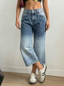 SHEIN ICON Women's Pocket Button Casual Versatile Daily Wear Wide Leg Jeans - Blue - View 6