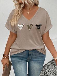 EMERY ROSE Kaos Lengan Pendek Longgar Leher V Ukuran Besar, Motif Hati & Leopard, Fesyen Kasual untuk Wanita - Khaki - View 4