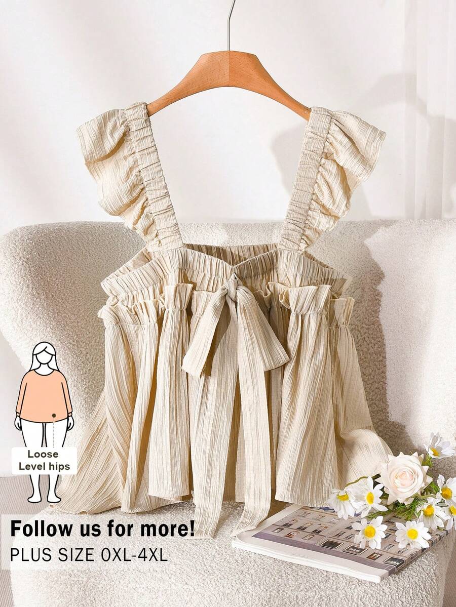 CosyJoli Plus Size Women Solid Color Tie Front Cap Sleeve Blouse Summer Casual Vacation Blouse Top For Women - Pale Yellow - View 1