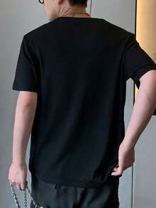 Manfinity Dauomo 男士休闲圆领字母印花短袖T恤，夏季 - 黑色 - 查看 2