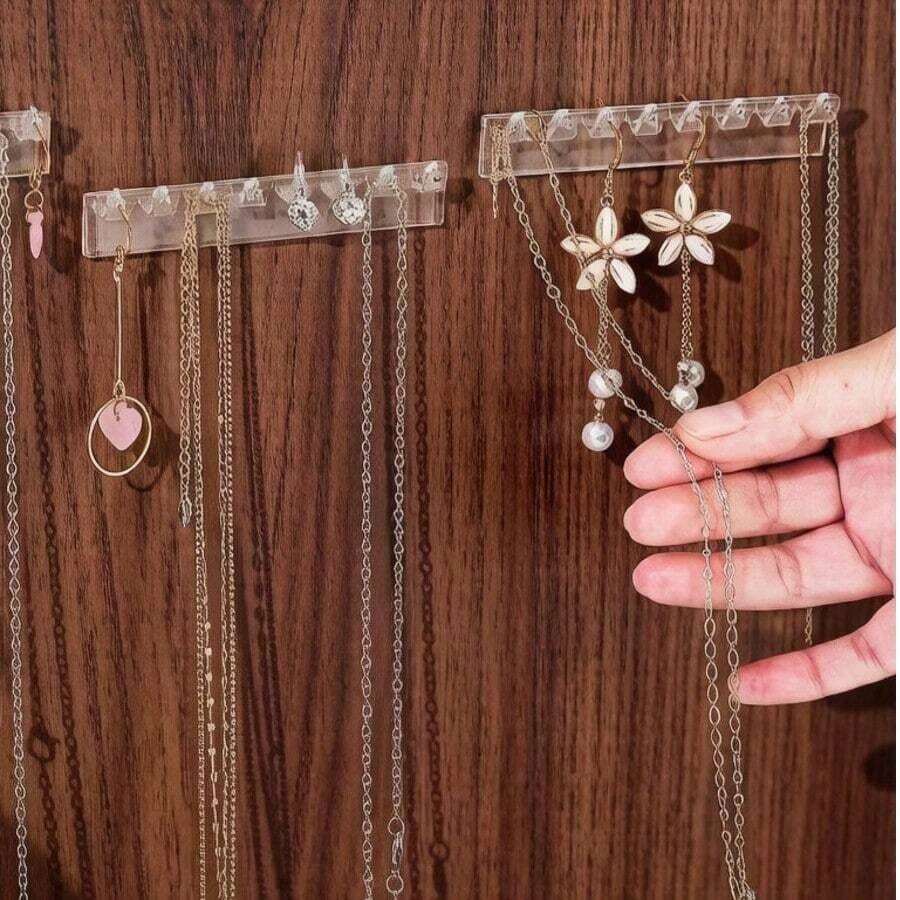 3pcs Wall Mounted Necklace Holder Rack With 8 Hooks, Jewelry Organizer For Necklaces, Bracelets, Rings - Clear - View 1