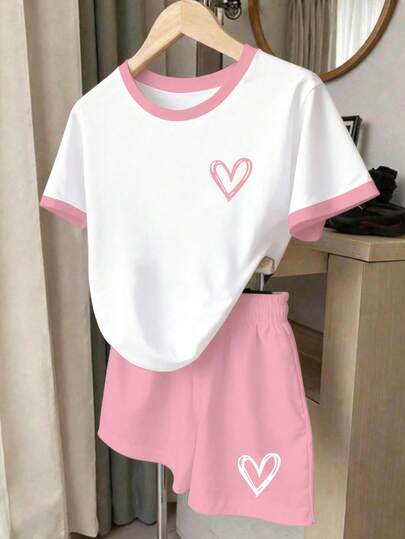 2pcs/Set Girls' Casual Heart Print Short Sleeve T-Shirt And Shorts Set, Comfortable Summer & Autumn Outfit, Suitable For Daily Wear