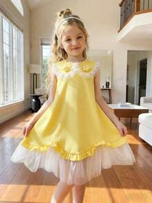 Đầm dự tiệc và dạo phố thời trang cho bé gái, cổ ren, chất liệu lưới, cài nút. - Màu vàng - Xem 5