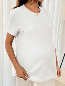 SHEIN Pregnant Women's Solid Color Round Neck Casual Breastfeeding Functional Short Sleeve Top, Versatile For Daily Wear - White - View 5