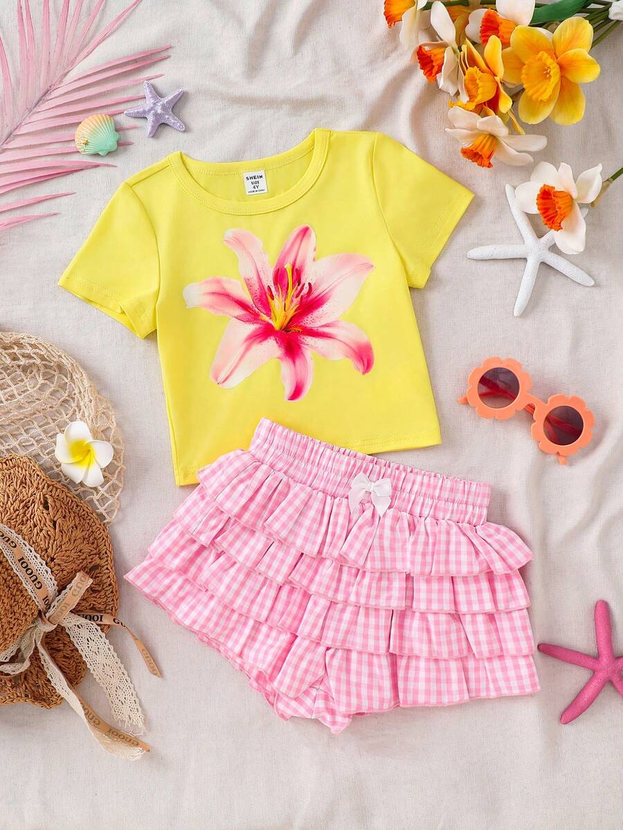 SHEIN 2pcs/Set Young Girl Floral Print T-Shirt And Plaid Ruffle Hem Shorts,Kids Holiday Light Pink Summer Holiday Vacation - Multicolor - View 1