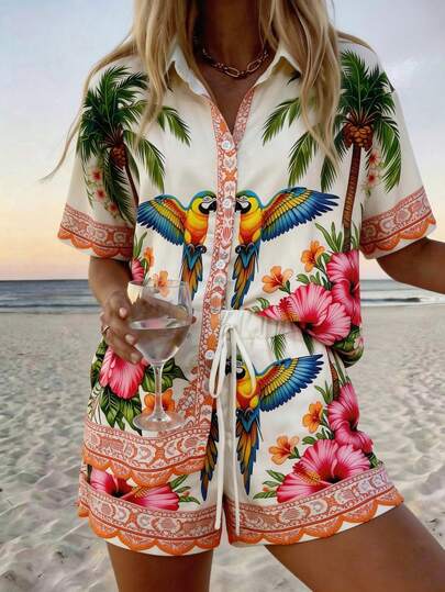 Vaclyn Women's Casual Vacation Palm Tree Print Short Sleeve Shirt And Shorts Set