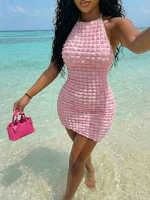 Slaydiva New Early Spring, Spring And Summer Music Festival, Valentine's Day, Easter, Bohemian Style, Nomadic Style, Casual, Simple And Basic, Cruise Party, Birthday Party, Daily Date, Casual Vacation, Elegant Commuting, Small Round Neck, Large Backless, Lace-Up Design, Slanted Hem, Pink Dress, Bubble Check Fabric, Ladies' Mini Dress -A - Baby Pink - View 3