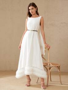 BELROSIE Women's Elegant White Summer Vacation Long Maxi A-Line Dress,Mesh Round Neck Sleeveless Crinkle Fabric Ruffle Hem French Party Wedding Guest - White - View 4