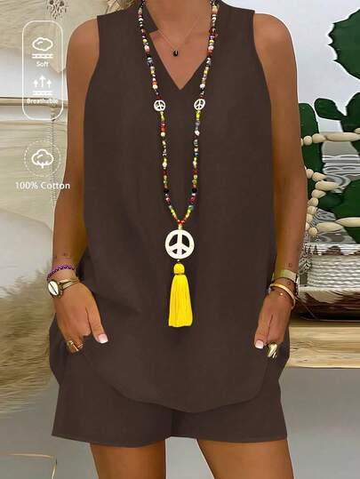 EMERY ROSE Women's Solid Color V-Neck Sleeveless Shirt And Shorts Casual 2-Piece Set