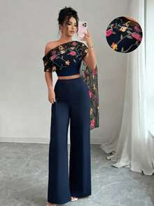 Elenzga Women's Elegant French Style Asymmetric Collar Mesh Embroidered Flared Hem Top And Simple Long Pants 2-Piece Set, Suitable For Daily Wear, Spring/Summer - Navy Blue - View 7