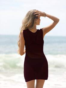 EMERY ROSE Đầm dệt kim không tay cổ chữ V sâu, màu trơn, gợi cảm dành cho nữ, thích hợp cho kỳ nghỉ. - Màu Đỏ Sâu - Xem 2