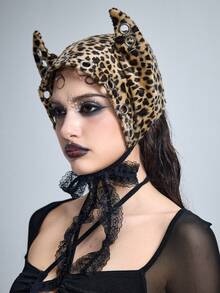 ROMWE Grunge Punk 一件朋克风豹纹套头帽，春季辣妹风帽子，Y2K金属镂空装饰恶魔角帽子 - 豹紋 - 查看 3