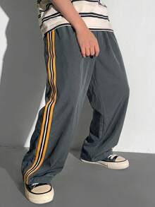 Kids/Tween Boys' Back-To-School Casual Straight Loose Pants,Comfortable Orange Webbing Letter Label Woven Streetwear,Summer School Daily Sports Pants - Grey - View 3