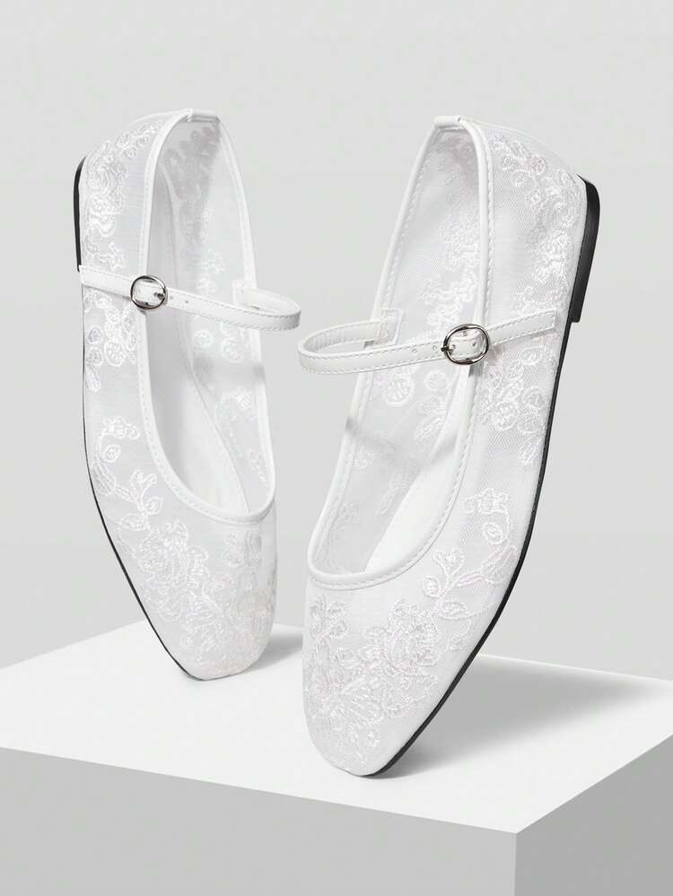 LADIES ELEGANT VERSATILE COMMUTER MESH FLORAL EMBROIDERED BUTTON FLATS FOR HOLIDAY WEAR