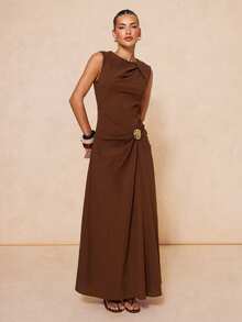 Lumalex Coffee Brown Summer Elegant Dining Dress For Women,100% Cotton Comfortable Ruched Asymmetrical Metallic Decor Sleeveless Quiet Luxury Party Dress - Coffee Brown - View 5