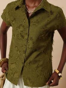 SHEIN Veneréa Women's Green Jacquard Drop Shoulder Short Sleeve Blouse - Green - View 4