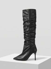 Mnmlis Women's Fashion Commuter Ruched Pointed Toe Slim High Heel Knee-High Boots - Black - View 1