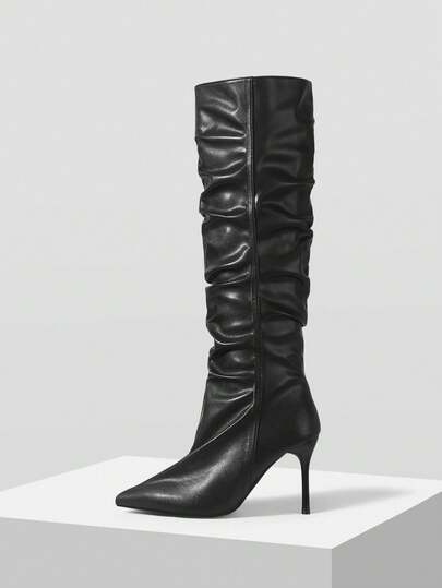 Mnmlis Women's Fashion Commuter Ruched Pointed Toe Slim High Heel Knee-High Boots