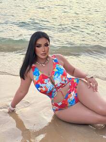 Slaydiva Plus Size Women Floral Print Twist Ruched One-Piece Swimsuit, Suitable For Beach Vacation, Pool Party, Beach Party - Multicolor - View 3
