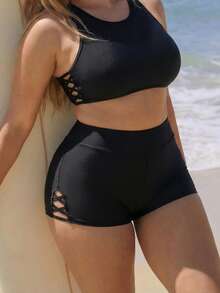 Swim SPRTY Quần short đi biển dáng rộng màu trơn khoét lỗ dành cho nữ cỡ lớn, thích hợp cho hoạt động thường ngày. - màu đen - Xem 7