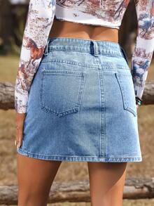 Breezaya Women's Casual Versatile Date/Travel Denim Mini Skirt With Floral Embroidery And Pockets - Blue - View 2