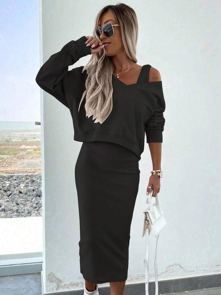 INAWLY 2pcs Casual Solid Color Sweatshirt & Dress Set - Black - View 1