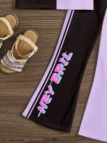 2件套卡通女孩彩色紫色和黑色撞色T恤和喇叭裤，多巴胺色调，韩流少女休闲简约卡通图案圆领短袖T恤和喇叭裤，适合夏季户外野餐、街头摄影、居家、校园等场合。 - 彩色 - 查看 6