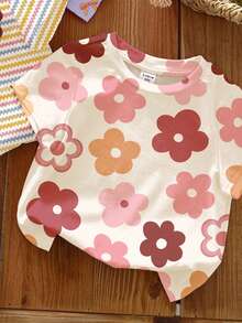 SHEIN LMoss Kids 3件套女童可爱多巴胺彩色花卉系列，奶油白、多巴胺彩色条纹、紫色，女童休闲百搭圆领短袖基础款T恤，适合所有季节日常穿着、居家、度假、假日，舒适透气，春夏皆宜，时尚女童，休闲装，儿童花卉条纹图案服装，时尚夏季，冬季，新款，清爽女童服装套装 - 彩色 - 查看 5