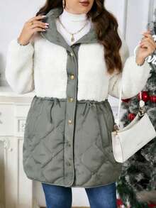 EMERY ROSE 大码女式休闲撞色仿羊毛拼接绗缝连帽衫，可调节抽绳加厚羽绒服 - 彩色 - 查看 5